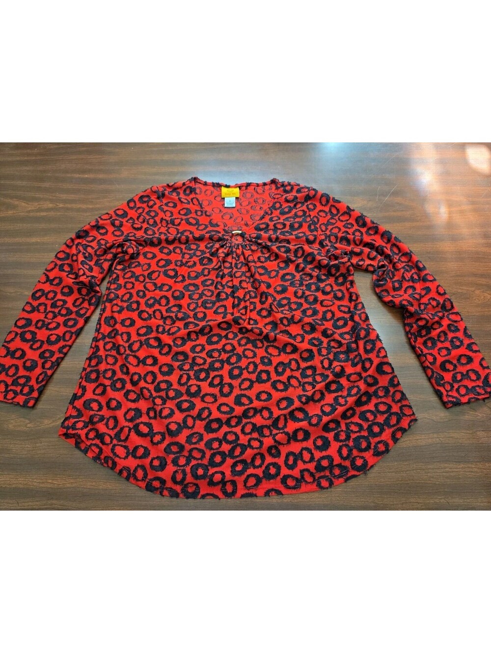 Ruby Rd Red Black Animal Print O Ring Neck 3/4 Sleeve Small Leopard Glam Top